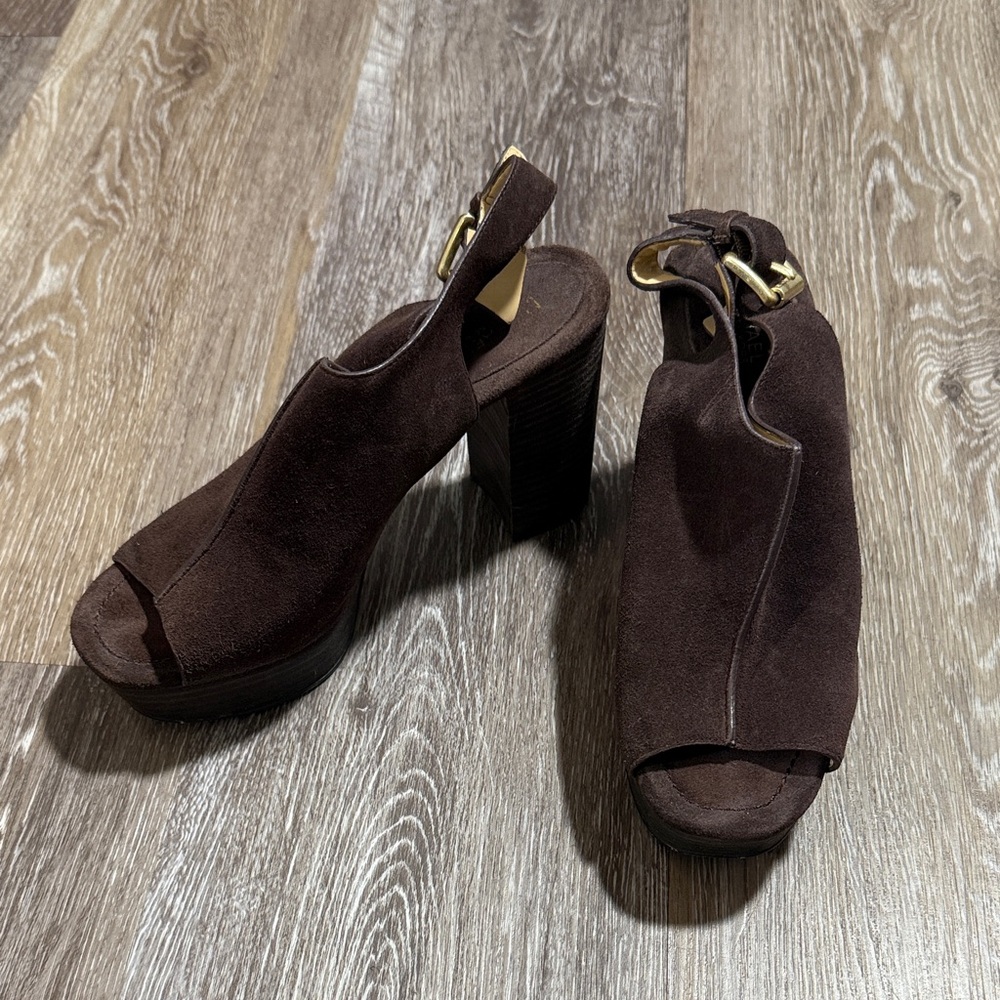MICHAEL Micheal Kors Piper Dark Brown Suede Peep-Toe Block Heel Sandals